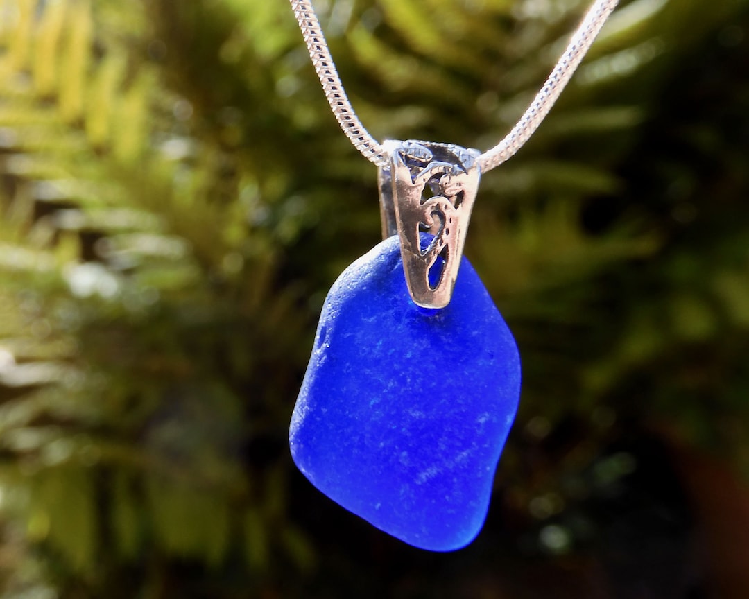 Cobalt Blue Rare Genuine Sea Glass Sterling Silver Necklace Etsy