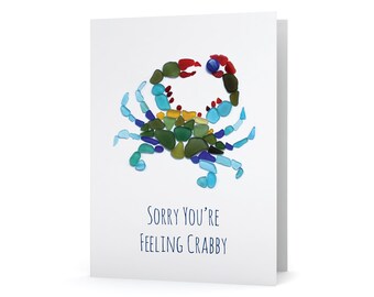 Sea Glass Blue Crab "Sorry you're feeling crabby!" Get Well Card - Seaglass Art Print, Blank Inside
