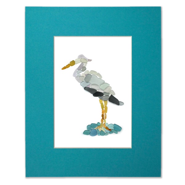 Sea Glass Heron - Seaglass Art Mosaic Great Blue Heron Matted Print