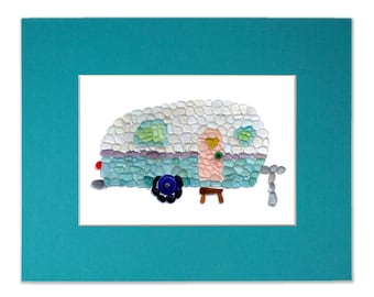 Sea Glass Camper Van - Seaglass Art Vintage Caravan Trailer Matted Print