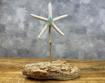 Large Starfish, Sea Glass, and Driftwood Beach Decor Accent Sculpture