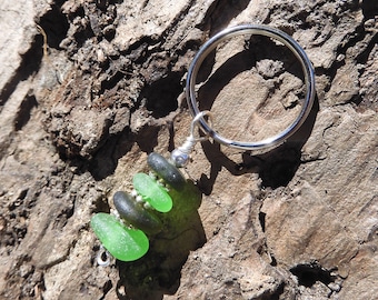 Sea Glass Stack Key Chain with Silver Beads - Real Seaglass Cairn Key Ring