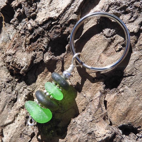 Sea Glass Stack Key Chain with Silver Beads - Real Seaglass Cairn Key Ring