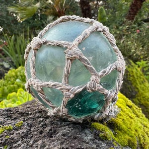 May include: A clear, round glass float with a teal hue, encased in a woven rope netting. The float is resting on a dark, moss-covered rock, with a blurred green background of foliage.