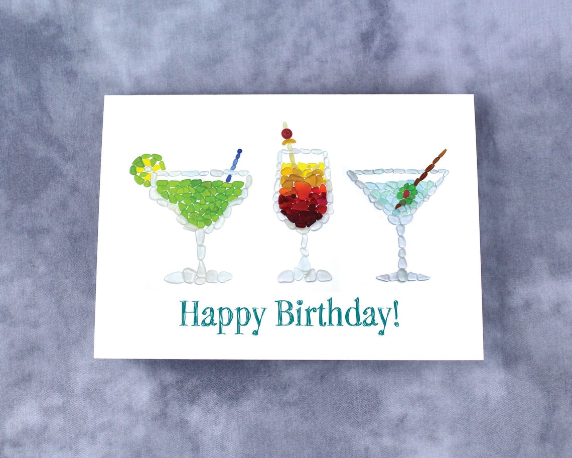 Sea Glass Cocktails Happy Birthday Card | Etsy
