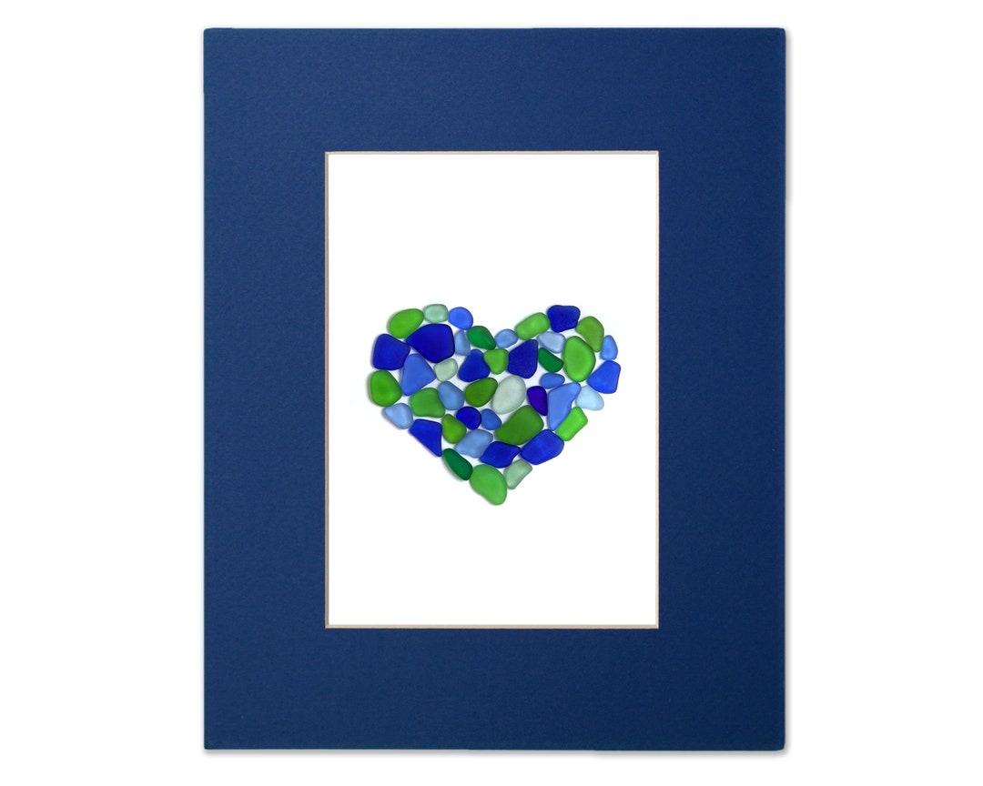 Blue and Green Sea Glass Heart - Seaglass Art Matted Print - Etsy
