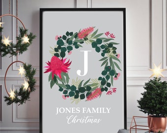 Personalised Christmas print, Personalised, Christmas, Christmas art, Wall Art, Australian Flora, christmas wreath, wreath, Family name