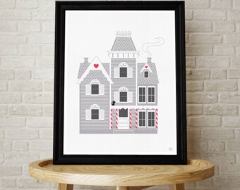 Christmas House Print, Christmas, Victorian House, San Francisco, Black Cat, Christmas Print, Christmas Artwork, Wall Art, Interior Art