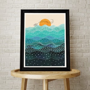 Oceano, Ilustração, Arte de parede, Mar, Água, Ondas, Pôr do sol, Vela, Origami, Arte de interior, Obra de arte, Impressão, Pôster, Marinho, Praia, Aqua