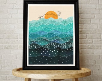 A2, Ocean, Illustration, Wall Art, Sea, Water, Waves, Sunset, Sailing, Origami, Interior Art, Artwork, Print, Poster, Marine, Beach, Aqua