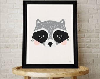 Raccoon Nursery Art, Raccoon,  Kids Room, Interiors, Baby room, Illustration, Scandinavian, Nursery Decor, Raccoon Print, A4, A3
