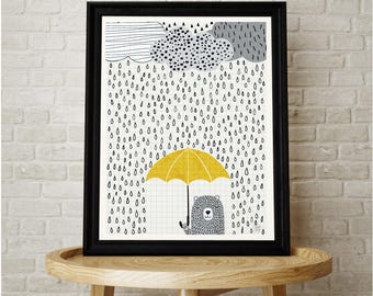 A2, Bear Print, Rain, Clouds, Umbrella, Winter, Contemporary, Kids, Interior, Nursery, Kids Room, Baby Room, Illustration