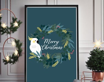 Christmas print, Australian Birds, Cockatoo, Modern Wall Art, Christmas, Christmas art, Wall Art, Australian Fauna, christmas wreath, wreath