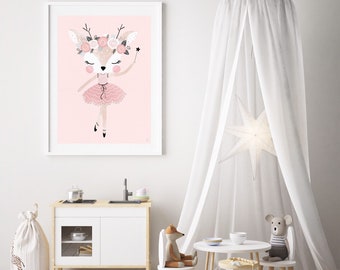 Baby deer, Nursery art, Deer Ballerina, girls room, Nursery Decor, Wall Print, Kids Room Art, Pink Print, Nursery Wall Art, Cute Wall Art