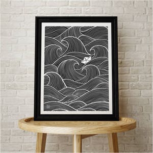 Origami, Sailing, Boat, Ocean, Waves, Black and White, Interiors, Print, Artwork, Digital Art, Illustration, Sea, Office, Entrance, Holiday