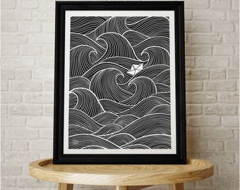 A2, Origami, Żeglarstwo, Łódź, Ocean, Fale, Czarno-biały, Wnętrza, Wydruk, Dzieło sztuki, Sztuka cyfrowa, Ilustracja, Morze, Biuro, Wakacje,