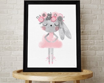 A2, Baby bunny ballerina nursery print, Girls room art, Nursery Art, Nursery Wall Art, Pink, A2, A1, A0, Poster Print