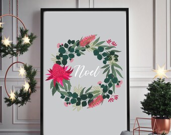 Noel Christmas print, Waratah Flower, Christmas, Christmas art, Wall Art, Australian Flora, christmas wreath, wreath, Bottle Brush