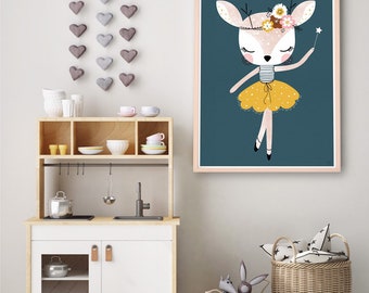 Baby Deer, nursery art, dancing deer, ballerina, girls room, kids wall art, playroom art, print, A4, A3