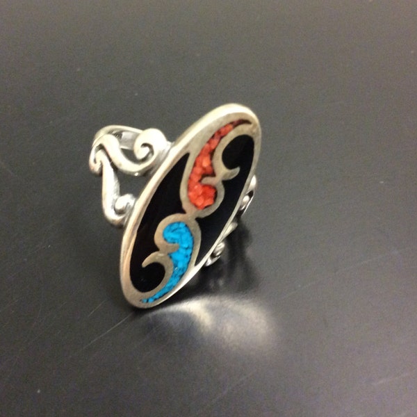 925 Sterling silver southwestern turquoise coral and onyx ring, black ring