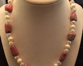 Sterling Silver Rhodonite and Cultured Freshwater Pearl Handmade Necklace, Ladies Pink Stone and Pearl Necklace