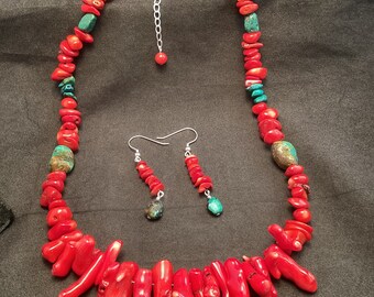 Sterling Silver Southwestern graduated Coral Branch Turquoise Beaded Necklace & Earrings