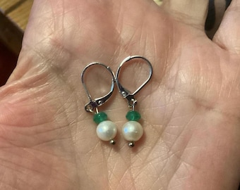 Sterling Silver Handmade Freshwater Pearl & Green Jade Dangle Earrings