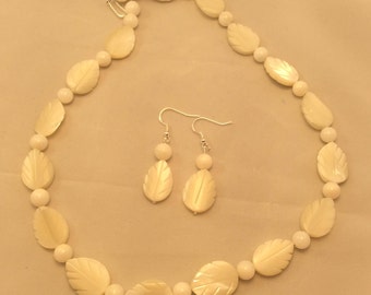 Sterling Silver Mother of Pearl And Shell Necklace and Earrings Set, White Mother of Pearl and Earrings Set