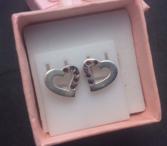 Sterling Silver Signed Open Heart and Amethyst Gemstone Stud Post Earrings