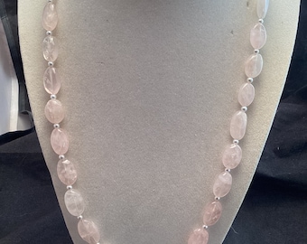 Beautiful 925 Sterling silver white coated Freshwater Pearl & Rose Quartz necklace