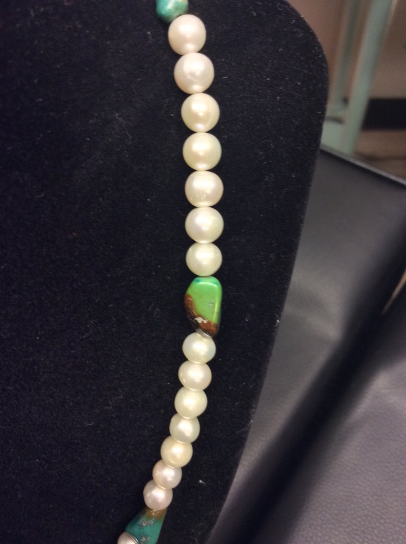 Dog Bone Shaped Turquoise and Cultured Freshwater button pearl necklace and earrings pearl necklace set earrings, ladies necklace set