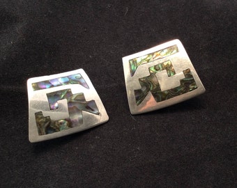 Aretes tribales de abulón con cierre de rosca de plata esterlina de Taxco, México, usados, para damas, estilo tribal del suroeste.