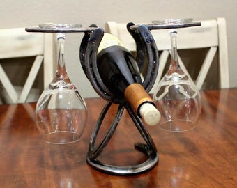 Horseshoe Wine Rack: Rustic Metal Art, Western Decor (3  Rustic Horseshoe Wine Bottle and Glass Holder Rack Black Metal Western Decor main image 0