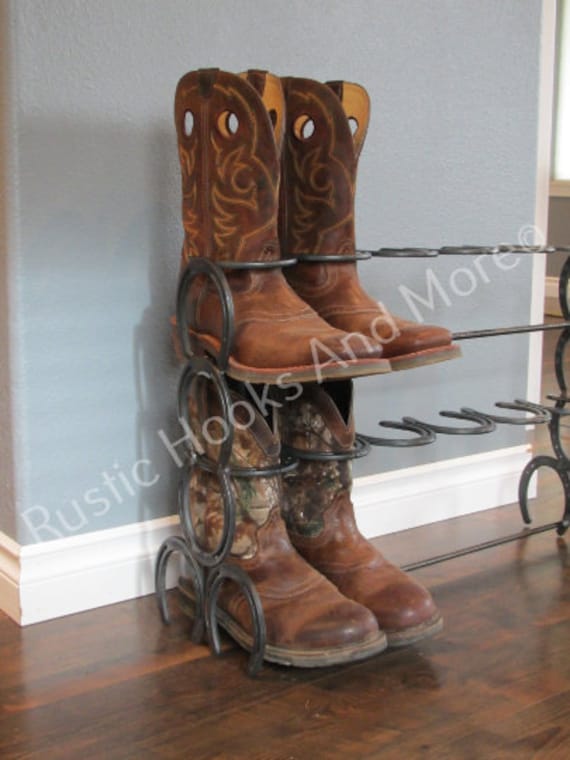 Rustic Standing Horseshoe Boot Rack - 3 Pairs - The Heritage Forge