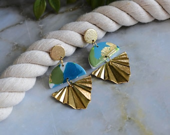 18k Gold stud Earrings, V Dangle Earrings, Turquoise Polymer Clay Earrings, Green Earrings, Cute Earrings, Handmade jewelry, Clay Jewelry