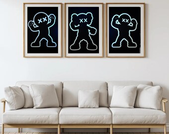Set of 3 KAWS Cartoon Prints, HYPEBEAST Decor, Hypebeast Toys, Masculine Wall Art