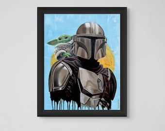 The Mandolorian & Grogu Art Print | Star Wars Inspired Wall Art | Sci-Fi Decor | Movie Fan Gift