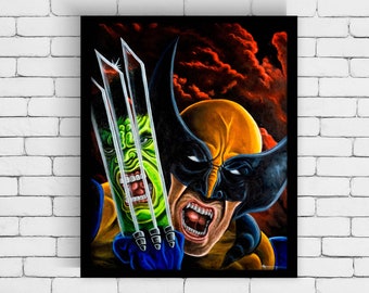 Pintura al óleo original de 16" x 20" Increíble Hulk #340 Tributo - Wolverine vs Hulk