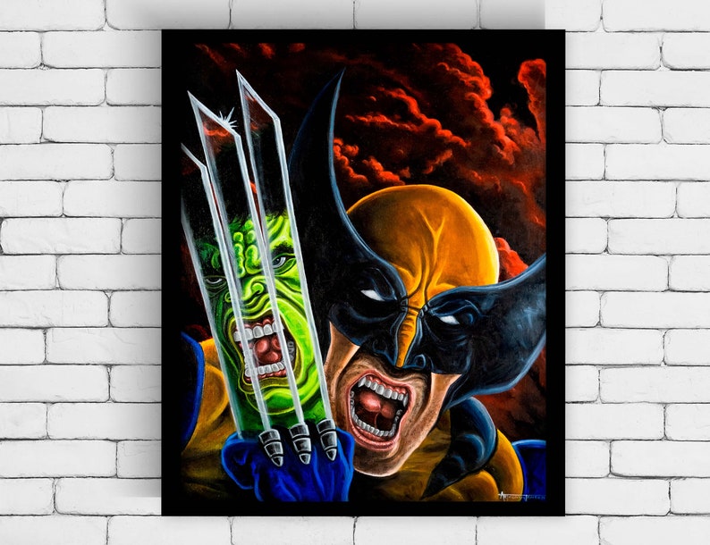 May include: A painting of Wolverine and the Hulk, with Wolverine's claws extended and the Hulk's face visible through the claws. The background is a dark red and black with clouds.