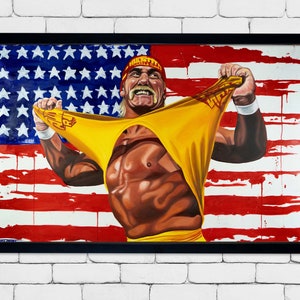 May include: A painting of a muscular man wearing a yellow wrestling singlet, ripping it open to reveal his chest. He is standing in front of an American flag with red, white, and blue stripes and white stars. The painting is framed in black.