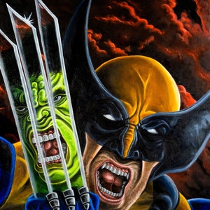 May include: A painting of Wolverine with his claws extended, with the face of the Hulk visible behind the claws. The background is a dark red and black with clouds.