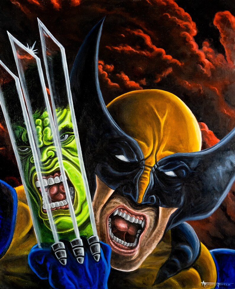 May include: A painting of Wolverine with his claws extended, with the face of the Hulk visible behind the claws. The background is a dark red and black with clouds.