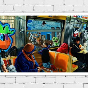 May include: A colorful painting depicting a subway car with passengers. The windows show a cityscape with a green monster and a spider. The car is decorated with graffiti and a hockey stick.