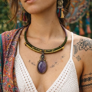Micro-macrame torque necklace, choker with Amethyst and Green Jasper stones