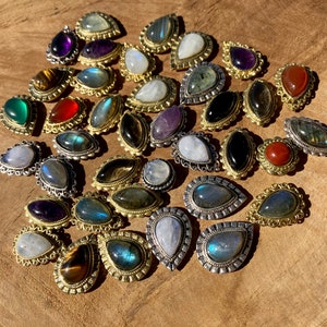 Grooved Natural Stone and Brass Cabochons - Moonstone, Amethyst, Labradorite - Micro-macrame Material