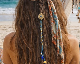 Joias de cabelo boêmias em macramê e latão - Acessórios para tranças/dreads, presilhas de cabelo com pedras naturais