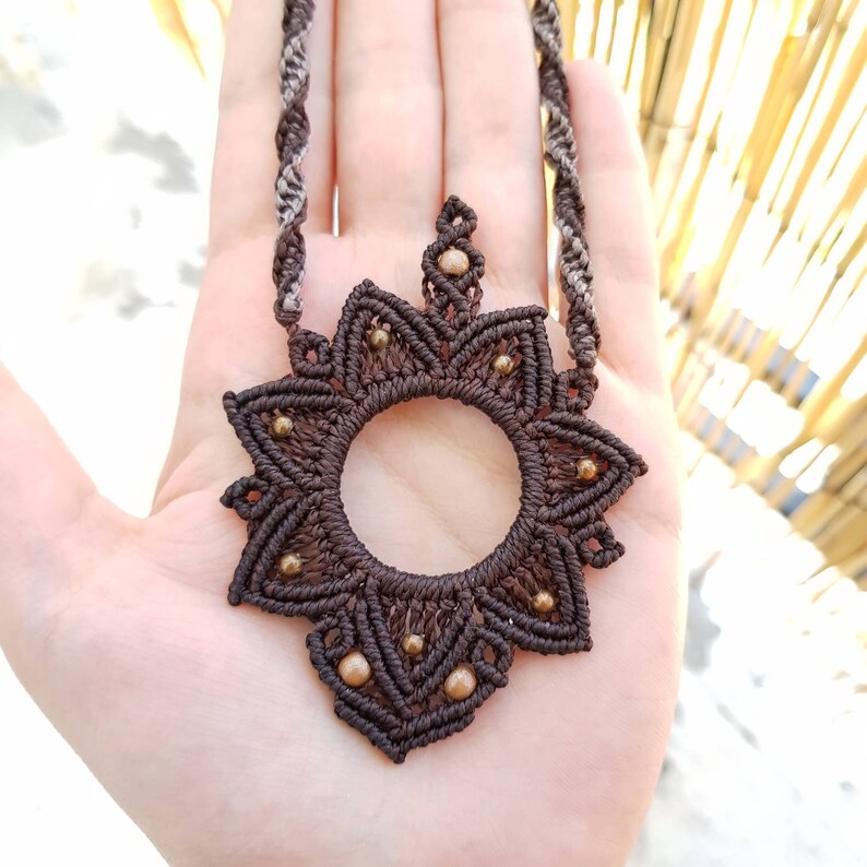 hippie ethnic tribe tribal Macrame mandala Flower necklace with brass beadsspiritual Nomad Gypsy boho