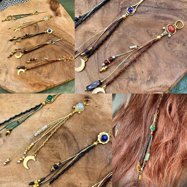 Bijoux de cheveux en macramé avec pierre et lune - Perles de cheveux - Bijoux de tresse / dread - Style boho, gypsy, tribal, ethnic, fairy