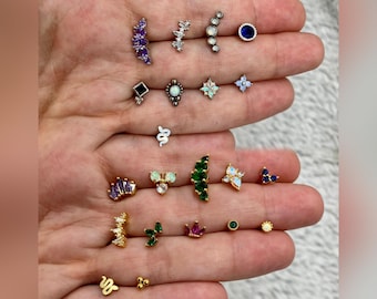 Piercings na orelha, piercings no tragus, hélix, lóbulo, concha, anti-hélix, flat, snug, piercings com pedra, boho, étnico