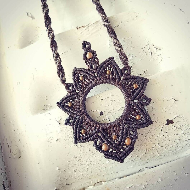 hippie ethnic tribe tribal Macrame mandala Flower necklace with brass beadsspiritual Nomad Gypsy boho